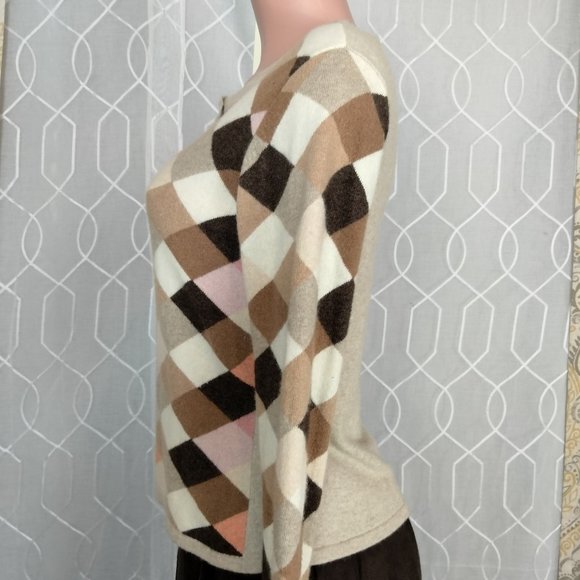 Cousin Johnny sweater Tan multi color check Cashmere blend size S - Picture 7 of 9